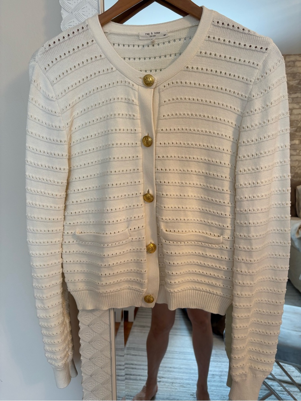 Rag & Bone Off White Pointelle Knit Cardigan with Gold Buttons